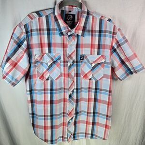 Southpole Mens_Shortsleeve Buttondown Plaid Shirt Size Large Red/blue Plaid